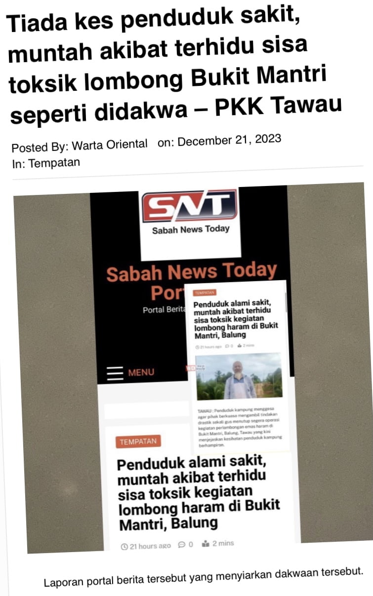 Pengarah JKNS mengesahkan tiada kejadian penduduk Tawau terhidu sisa toksik akibat kegiatan lombong Bukit Mantri Balung