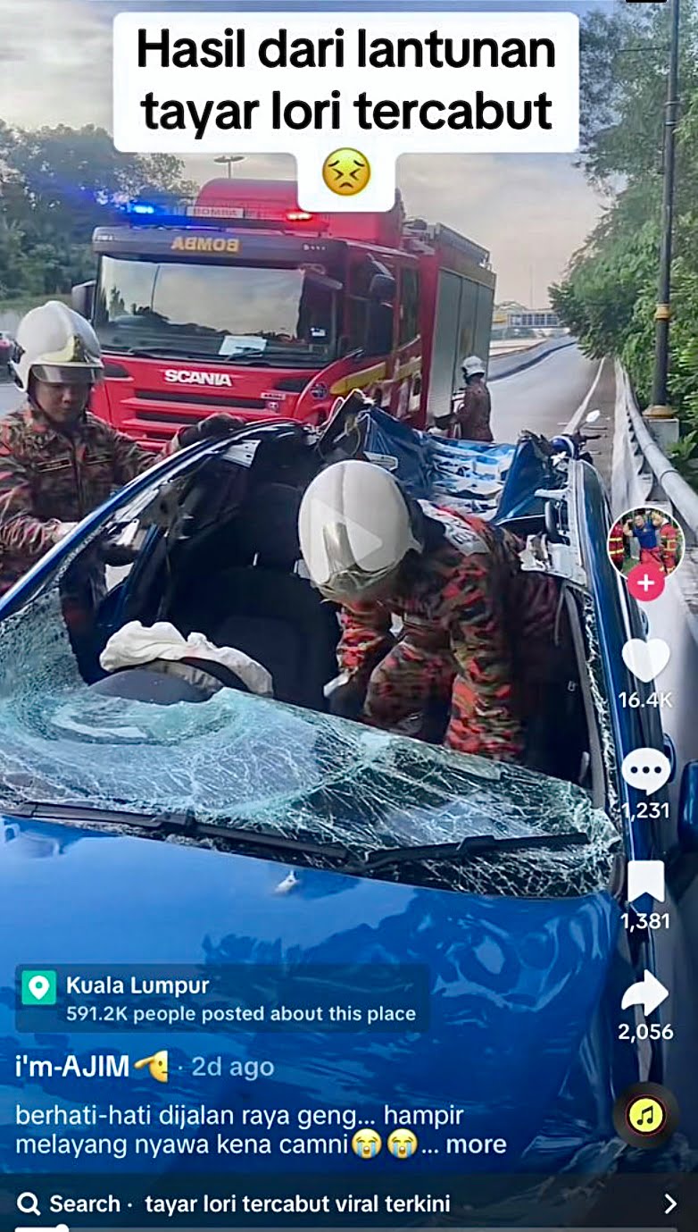 Kereta dihempap tayar lori tercabut