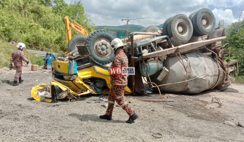 Lelaki maut lori pembancuh simen hilang kawalan dan terbalik di Tawau