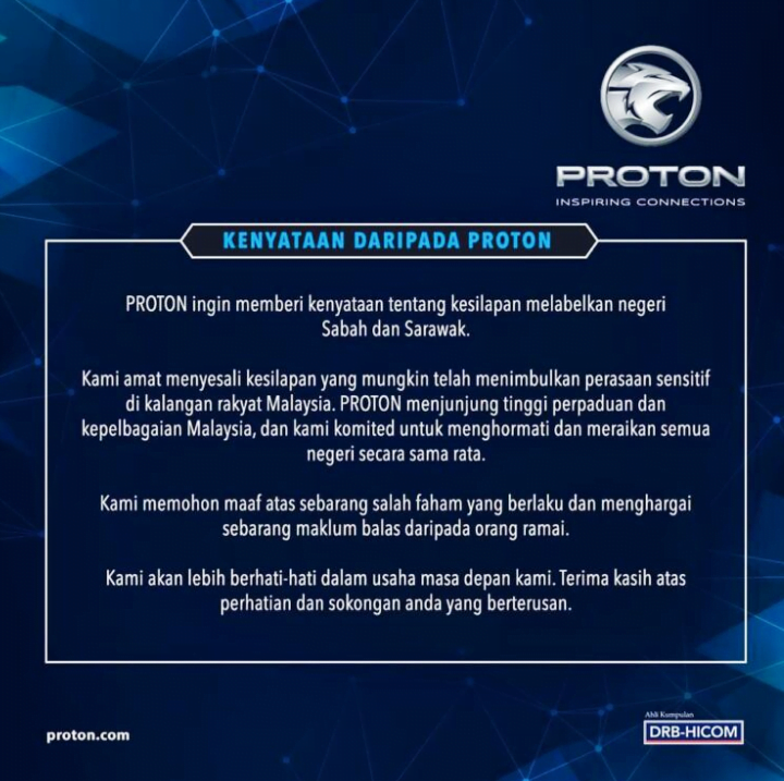 Proton mohon maaf, tersalah label Sabah, Sarawak
