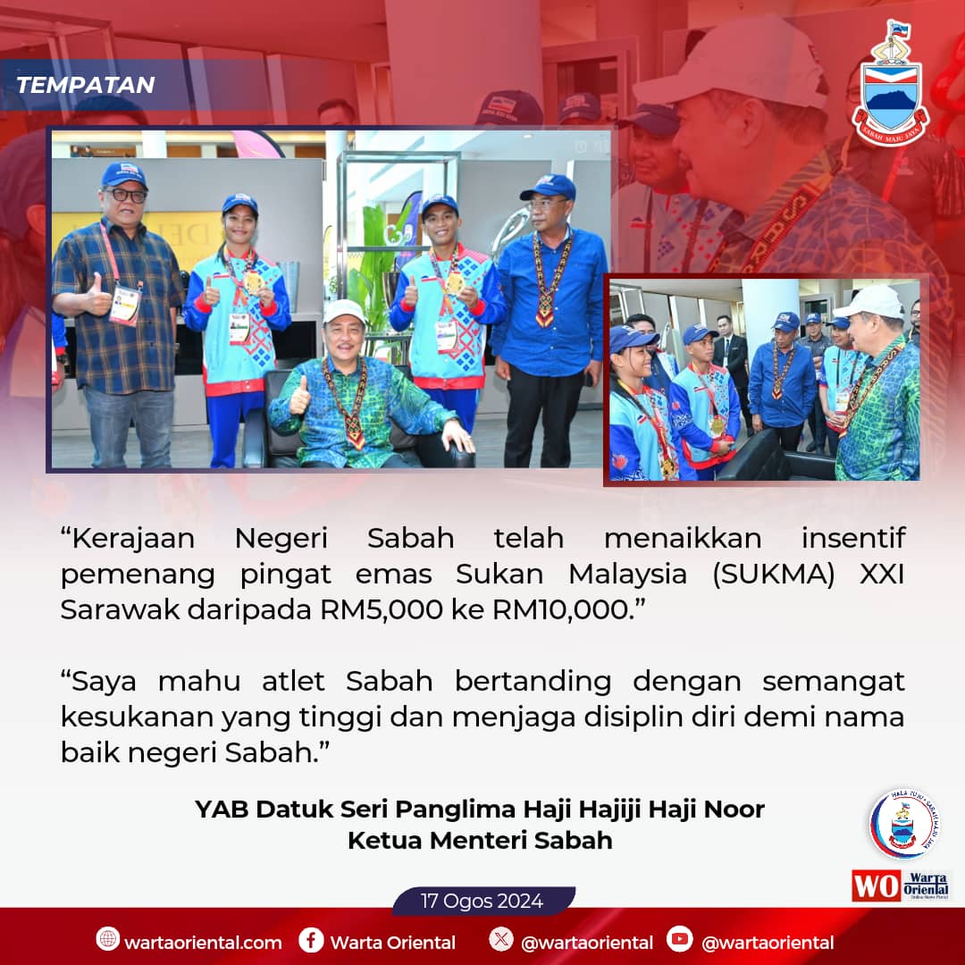 Sabah naikkan insentif pingat emas SUKMA ke RM10,000