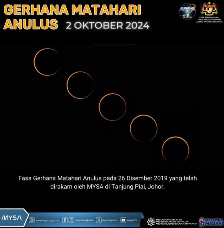 Gerhana cincin lewat malam ini tidak melintasi Malaysia