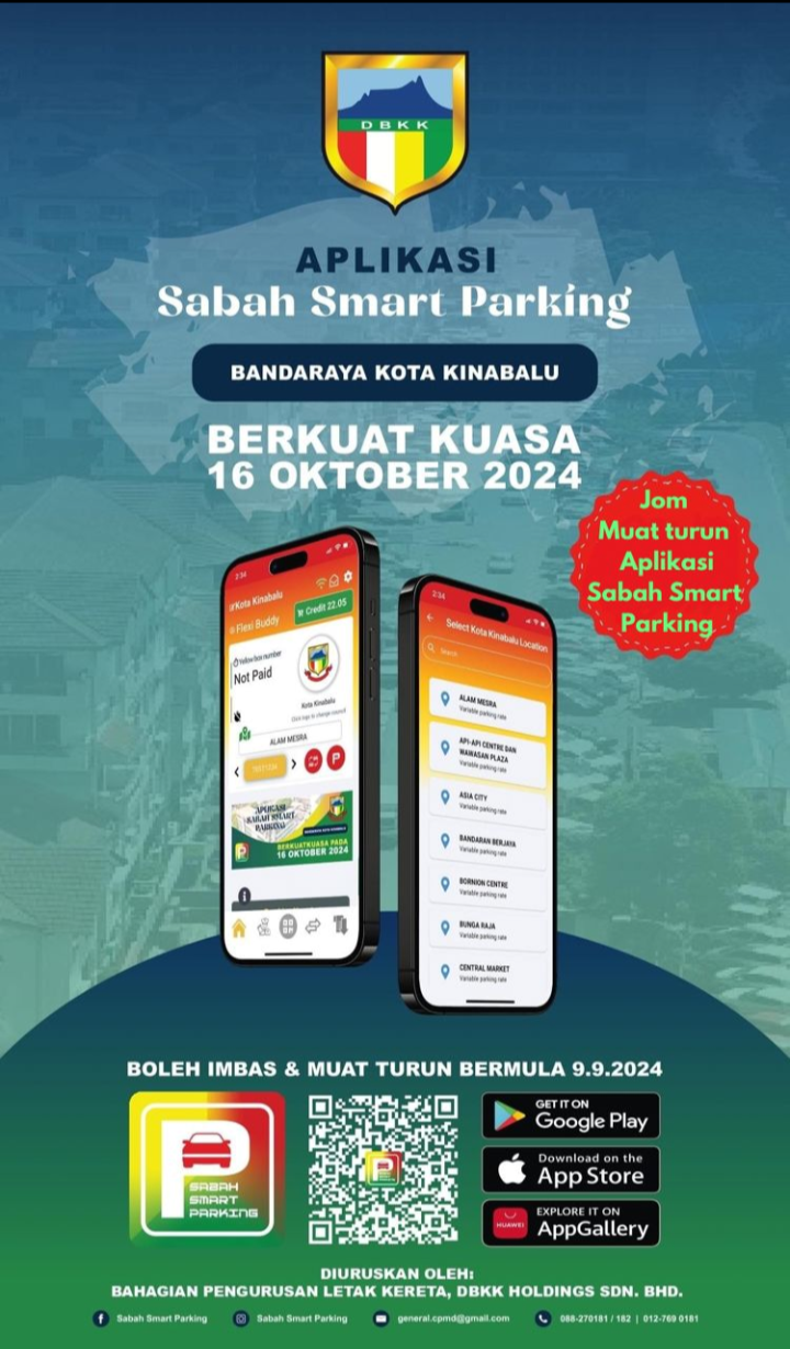 Aplikasi Sabah Smart Parking boleh dimuat turun guna Google Play, Apple Store