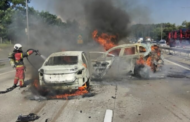 Tiga kereta dijilat api selepas terlibat kemalangan