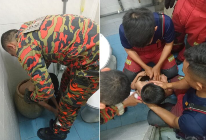 Budak lapan tahun tersangkut dalam tempayan