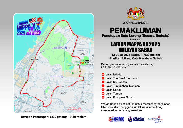 Penutupan jalan secara berkala sempena Larian MAPPA XX 2025 di KK esok