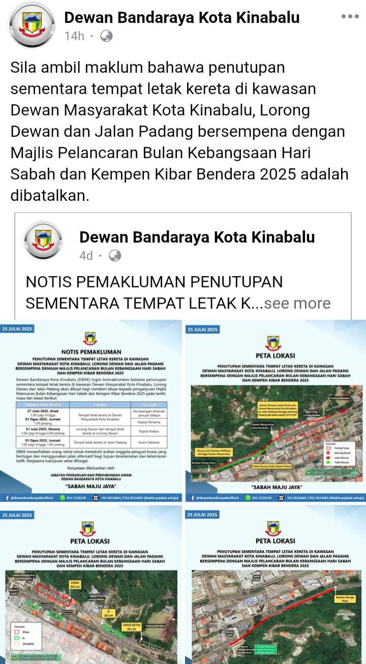Pembatalan penutupan sementara parkir sekitar Dewan Masyarakat KK