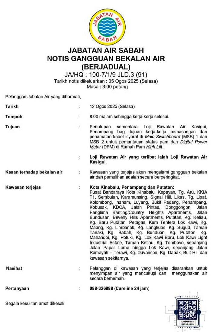Bekalan air terganggu 12 Ogos, Loji Rawatan Air Kasigui ditutup sementara